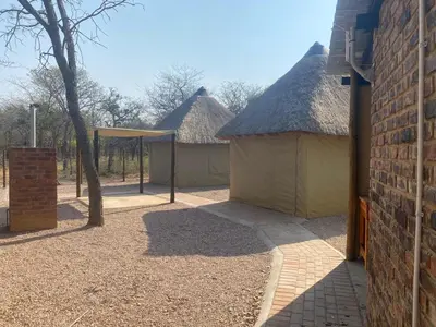 a group of buildings with thatched roofs at Vlakvark Tented Camp in Bela-Bela
