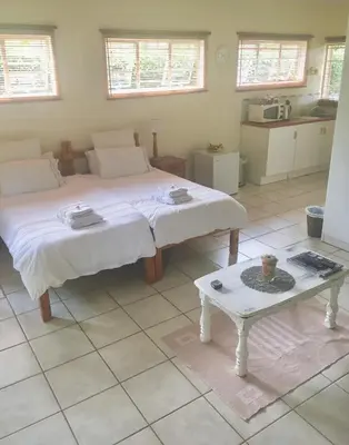 a bedroom with two beds and a table in it at The Willow Studio in Pretoria