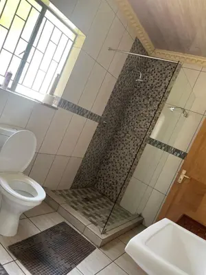 a bathroom with a shower with a toilet and a sink at Khanxana guesthouse in Olifantsfontein