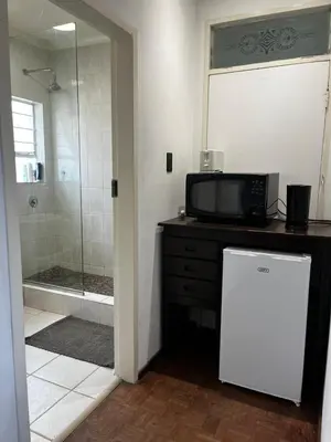 a bathroom with a shower with a microwave and a television at Cactus Road Guest House in Midrand