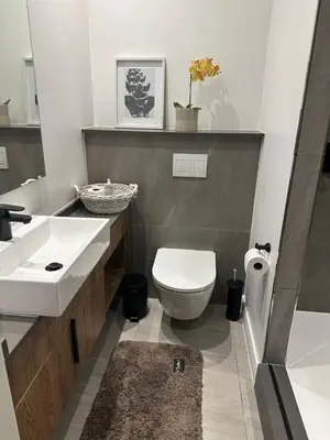 a bathroom with a white toilet and a sink at Delarose business leisure Studio in Pretoria