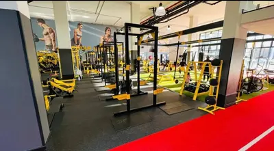 a gym with rows of equipment and a red carpet at Crystal ace lagoon in Midrand