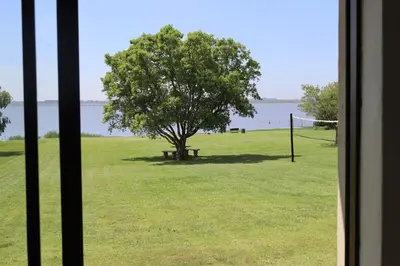 a window view of a park with a tree and water at Jonatan at Genesaret in Lake Chrissie