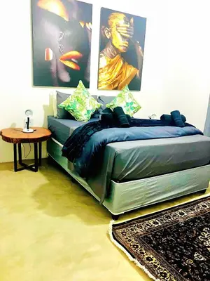 a bed in a room with posters on the wall at Moonlight in Marloth Park