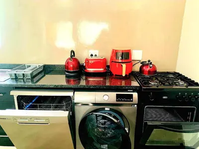 a kitchen with a stove and a washing machine at Moonlight in Marloth Park