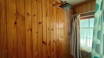 a bathroom with a wooden wall with a shower curtain at Fairy Cabin in Dullstroom