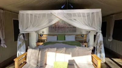 a bedroom with a bed with a canopy at Honeyguide Tented Safari Camp - Khoka Moya in Manyeleti Game Reserve