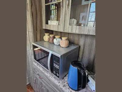 a microwave on a counter with vases on top of it at Kruger Boutique Backpackers in Marloth Park