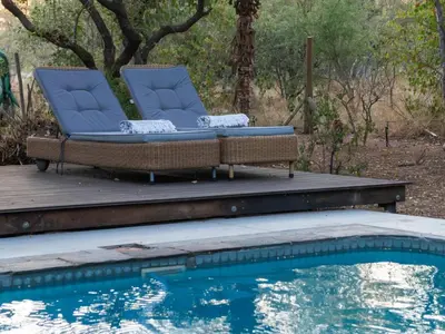 two chairs sitting on a deck next to a swimming pool at Nzenga Lodge in Hoedspruit