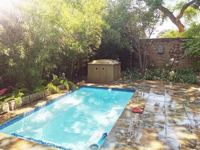 a small swimming pool in a yard with trees at 34th on Pierneef in Pretoria