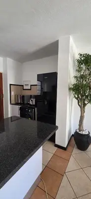 a kitchen with a black counter and a potted plant at Mooikloof Ridge Hide Out in Pretoria