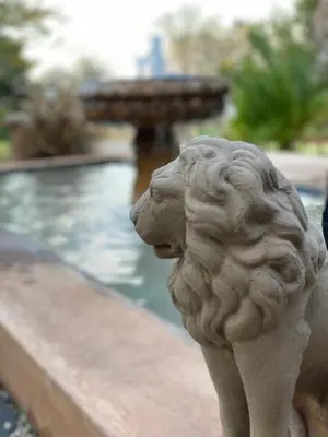 a statue of a lion next to a fountain at Old Mine Guesthouse in Musina