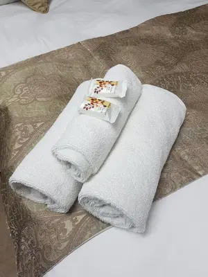 two towels sitting on top of a bed at Old Mine Guesthouse in Musina