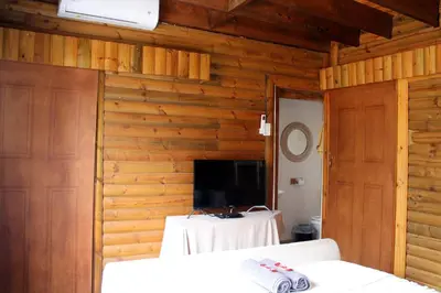 a living room with wooden walls and a television at River Ridge Log Home - Inside Dinokeng Big 5 in Klipdrift