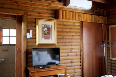 a television on a wooden wall in a room at River Ridge Log Home - Inside Dinokeng Big 5 in Klipdrift
