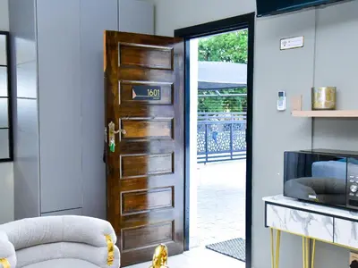 a wooden door in a living room with a tv at C'est La Vie Guest House in Witbank