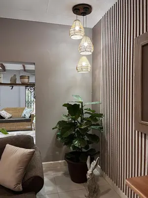 a living room with a plant and two lights at Blessings is a home with Cozy Charms in Pretoria