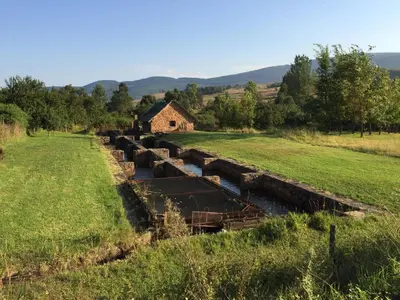 a canal of water with a house in the middle at Gunyatoo Trout Trout Farm & Guest Lodge in Sabie