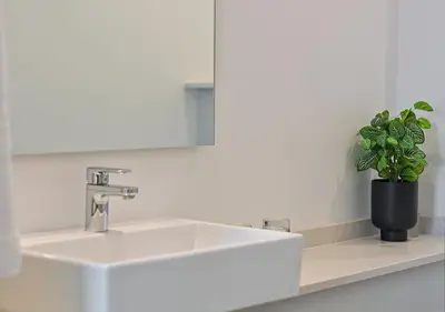 a white sink in a bathroom with a potted plant at MNM Luxury Suit 424 in Pretoria