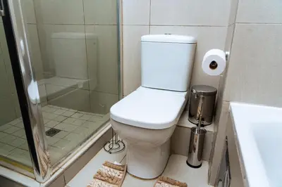 a bathroom with a toilet and a shower at Modern 3-Bedroom Retreat Fully Equipped Comfort in Midrand