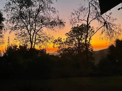 a sunset with trees in the foreground at Lakeview Lodge in Hazyview