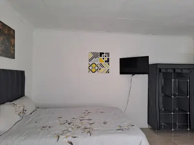 a bedroom with a bed and a flat screen tv at Buccleuch Home in Sandton