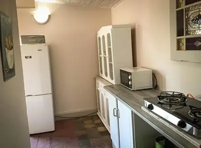 a kitchen with a white refrigerator and a microwave at Corner View Accommodation in Kaapsehoop