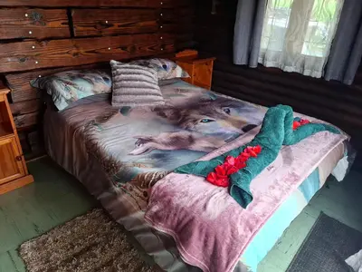 a dog laying on a bed in a room at AmaZeng chalet Wolf in Lydenburg