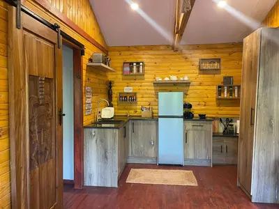 a kitchen with wooden walls and a refrigerator at Heart Of The Cosmos in Hartbeespoort