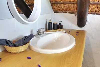 a bathroom sink with two bottles on a wooden counter at Emathulini Holiday Home in Hazyview