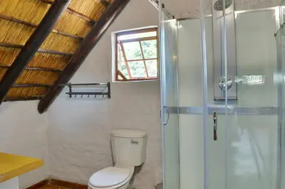 a bathroom with a toilet and a glass shower at Emathulini Holiday Home in Hazyview