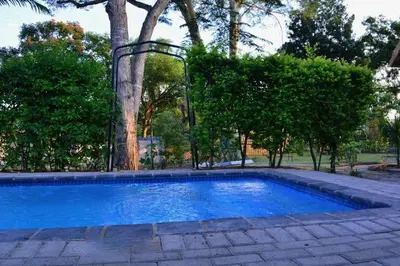 a small swimming pool in a yard with trees at Emathulini Holiday Home in Hazyview