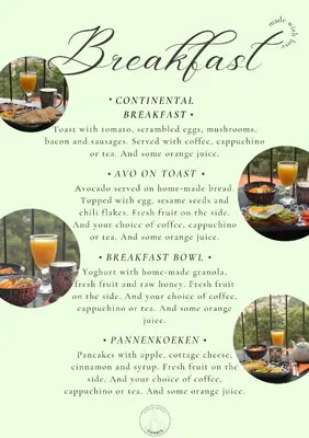 a flyer for a banquet with food and drinks at Guesthouse Charis in Pretoria
