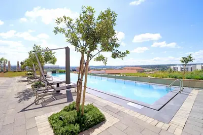 a swimming pool with a bench and a tree at Thango Executives Gallileo Ellipse in Midrand