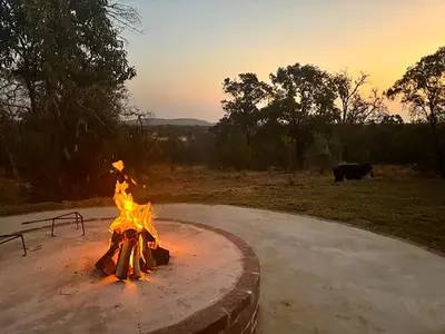 a fire pit in a field with an elephant in the background at Elements Private Golf Reserve 123 in Warmbaths