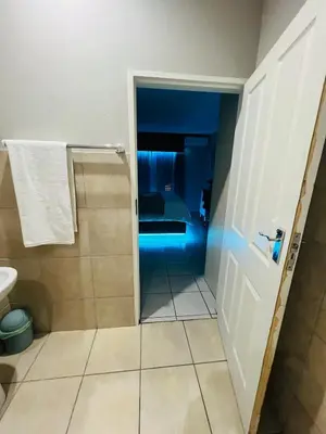 a bathroom with a shower with a toilet and a sink at The Wired Nest in Ellisras