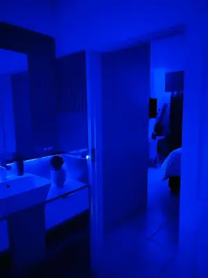 a blue room with a bathroom with a sink and a mirror at The Wired Nest in Ellisras