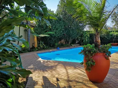 a plant in a large pot next to a swimming pool at Rest-a-While Guest House - Pretoria in Pretoria