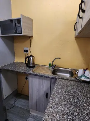 a kitchen counter with a sink and a microwave at El Elyon Lodge in Pretoria