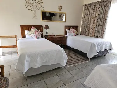 a hotel room with two beds and a mirror at Steendal Guest House in Polokwane