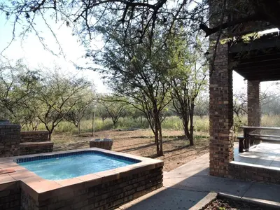 an outdoor swimming pool with a brick wall and a patio at Umvangazi Rest in Marloth Park
