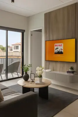 a living room with a couch and a table at The Blyde Luxury Apartment in Pretoria