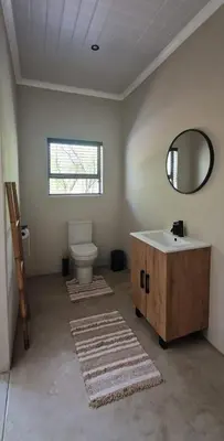 a bathroom with a sink and a toilet and a mirror at Krek Wak Wou Bush Villa in Marloth Park