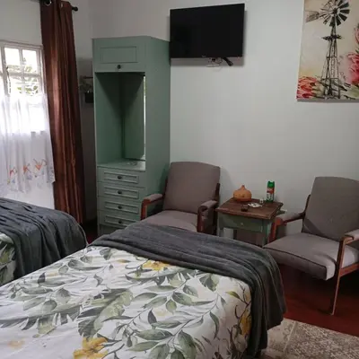 a bedroom with a bed and two chairs and a tv at 6 on First Self catering in Pretoria