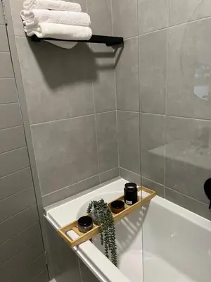 a bathroom with a bath tub with a cactus on a shelf at The Aura at Castle Gate in Pretoria