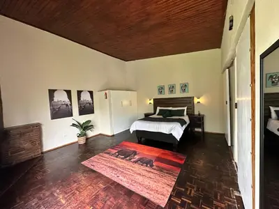 a bedroom with a bed and a rug at Palm View in White River