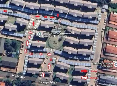 a map of a parking lot with red arrows at True Star at True North Modern 2 Bed Apartment in Pretoria