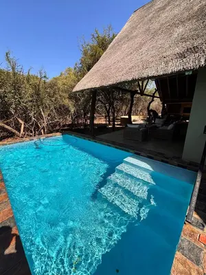 a blue swimming pool with a thatched roof at Lodana -next to Crocodile River in Marloth Park