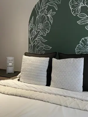 a bed with two pillows and a green wall at Oasis Nest in Pretoria