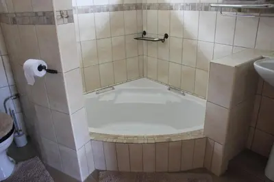 a bathroom with a shower with a toilet and a sink at Cottage Suikerbekkie in Dullstroom